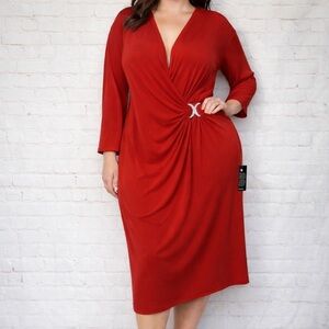 Avenue Plus Size 30/32 Red Draped V-Neck‎ Dress NWT Rhinestone Detail